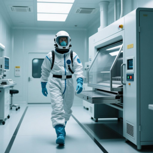 Personal de sala limpia con equipo de protección